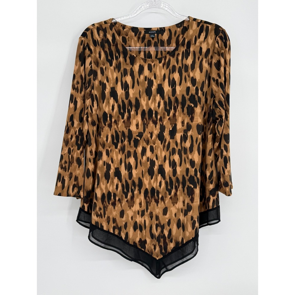 Alfani Womens Leopard Print 3/4‎ Sleeve Sharkbite Hem Chiffon Trim Blouse Sz L